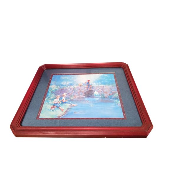 Vintage Framed Fishing Boys & Dog Artwork Picture - Picture 3 of 10